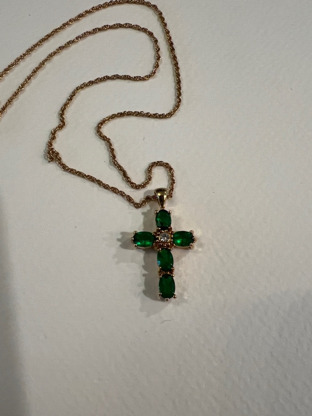 Avon ‘NR’ Gold-tone Cross Necklace with Green Gemstones - Picture 4 of 5